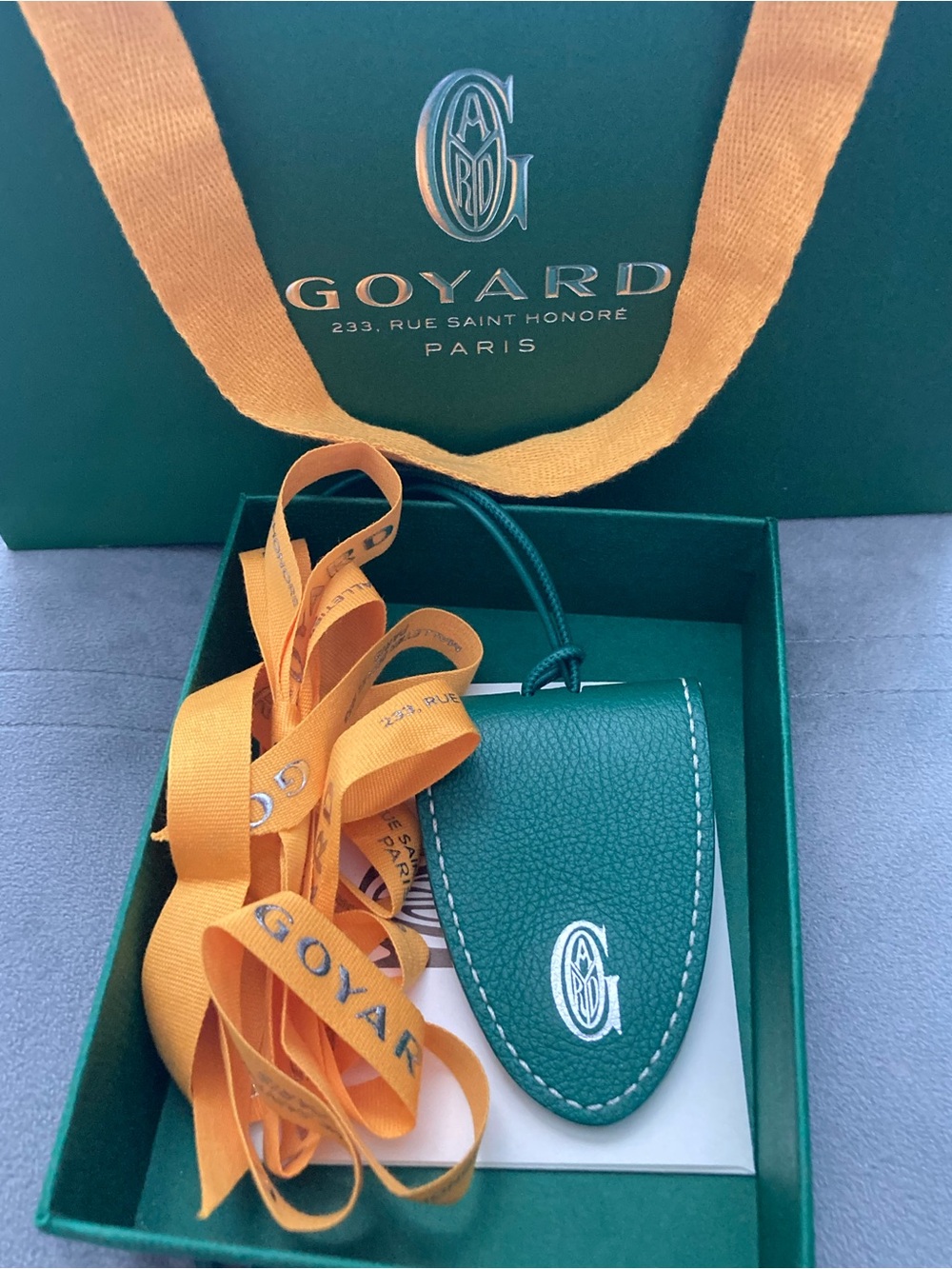 Goyard Green Leather Key Pouch with Orange Ribbon Accent